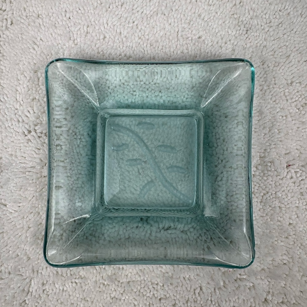 Square Glass Aquamarine Blue Ashtray with an Embossed Design on the Bottom